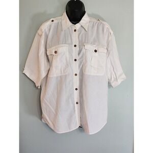 Vintage 80's Lizsport Cotton Button Down Shirt Frayed Hem Short Sleeve‎ White M